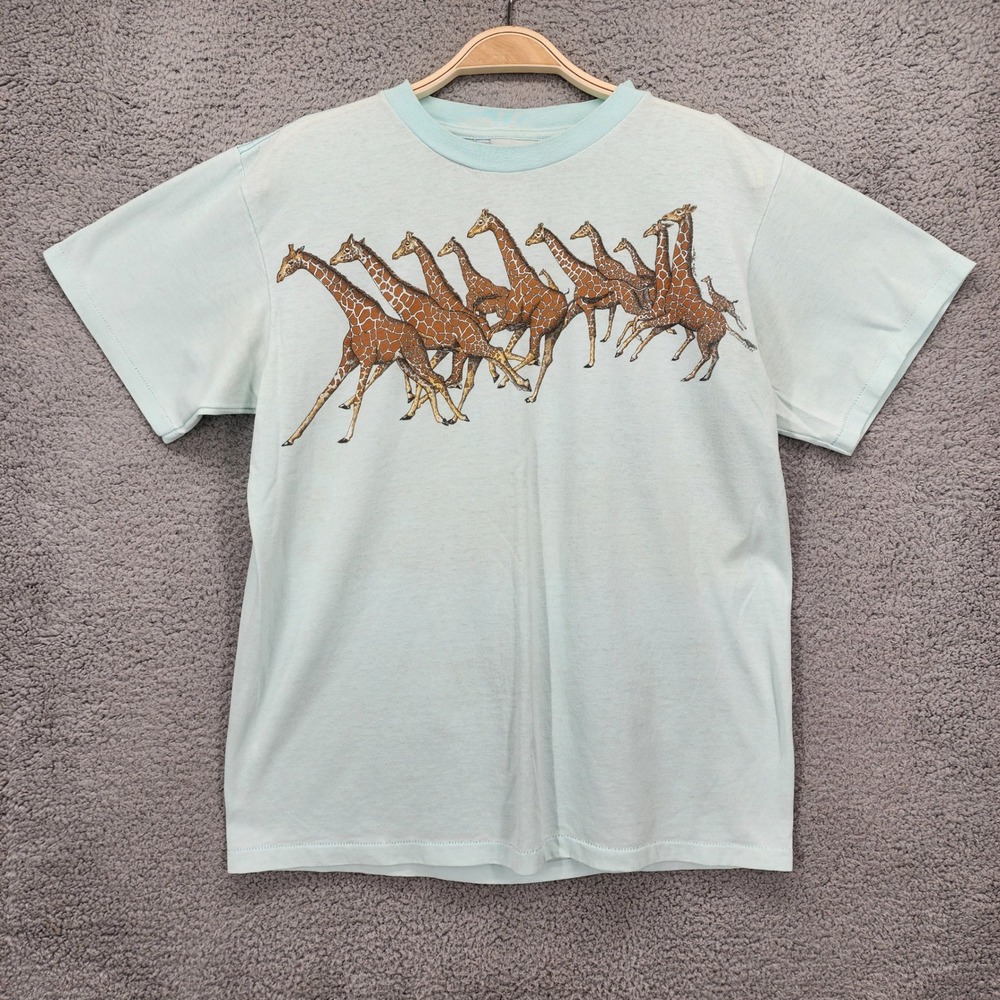 Vintage Harlequin Nature Graphics Giraffe T Shirt Blue 90s Single Stitch XL Mens